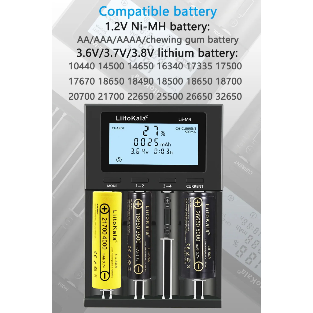 เครื่องชาร์จถ่าน Liitokala Lii-M4 ราง 4 ช่อง สำหรับ ถ่าน18650 ถ่านAA ถ่านAAA Ni-MH Li-ion มีโหมดTest