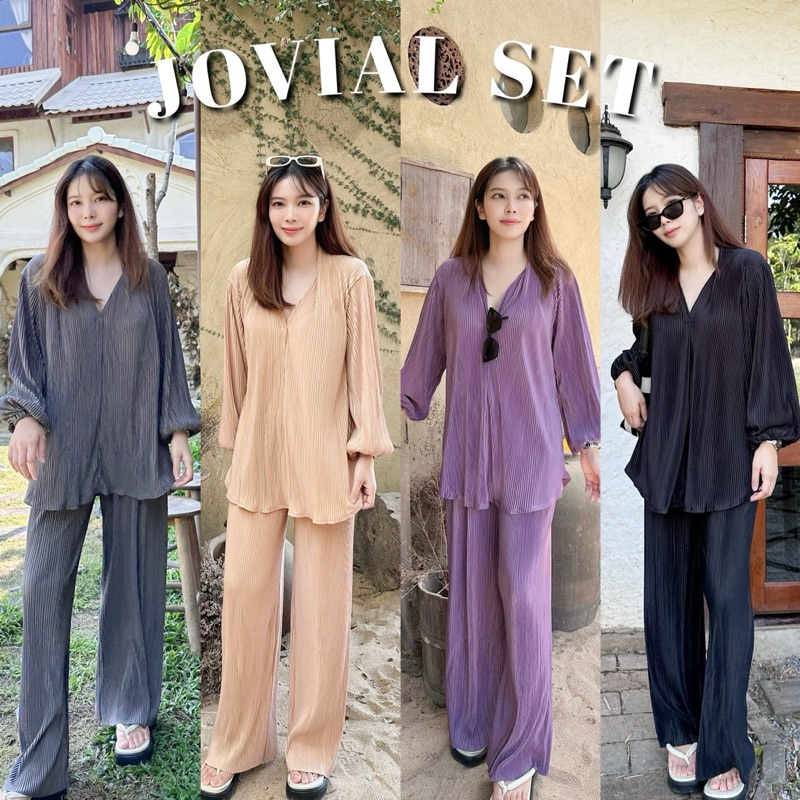 JOVIAL SET ชุดเซ็ทขายาวเสื้อคอวี พลางหุ่น เสื้อคลุมสะโพก กางเกงเอวยางยืด ไม่ต้องรีด ชุดเดียวจบ