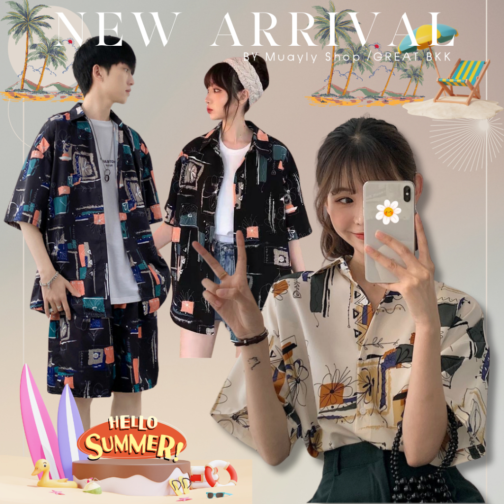 พร้อมส่ง[49-64] ลายใหม่ 2024 เสื้อฮาวาย เชิ้ต ชาย-หญิง ลายสงกรานต์ แขนสั้น สไตล์เกาหลี ติดกระดุมหน้า