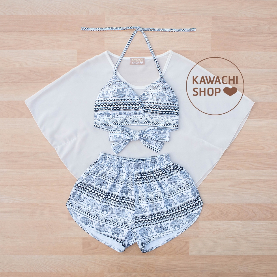 KAWACHI SHOP เซ็ต 3 ชิ้น (บรา+กางเกง+เสื้อคลุม) ลายช้าง ชุดว่ายน้ำ ชุดเที่ยวทะเล