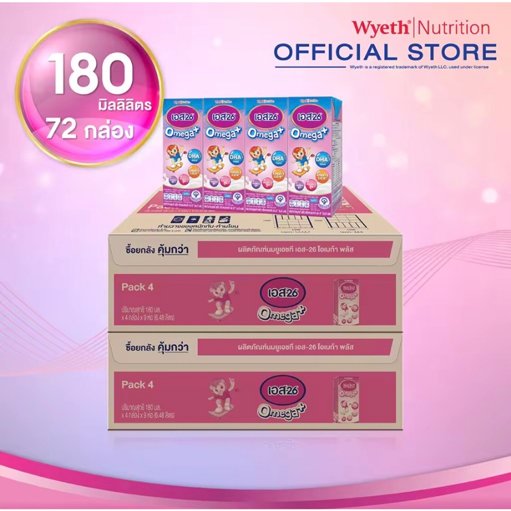 S-26 ม่วง Omega Plus UHT นมกล่อง เอส-26 โอเมก้า พลัส ยูเอชที สูตร 3 ยกลัง x2 (รวม =72 กล่อง)ม่วง