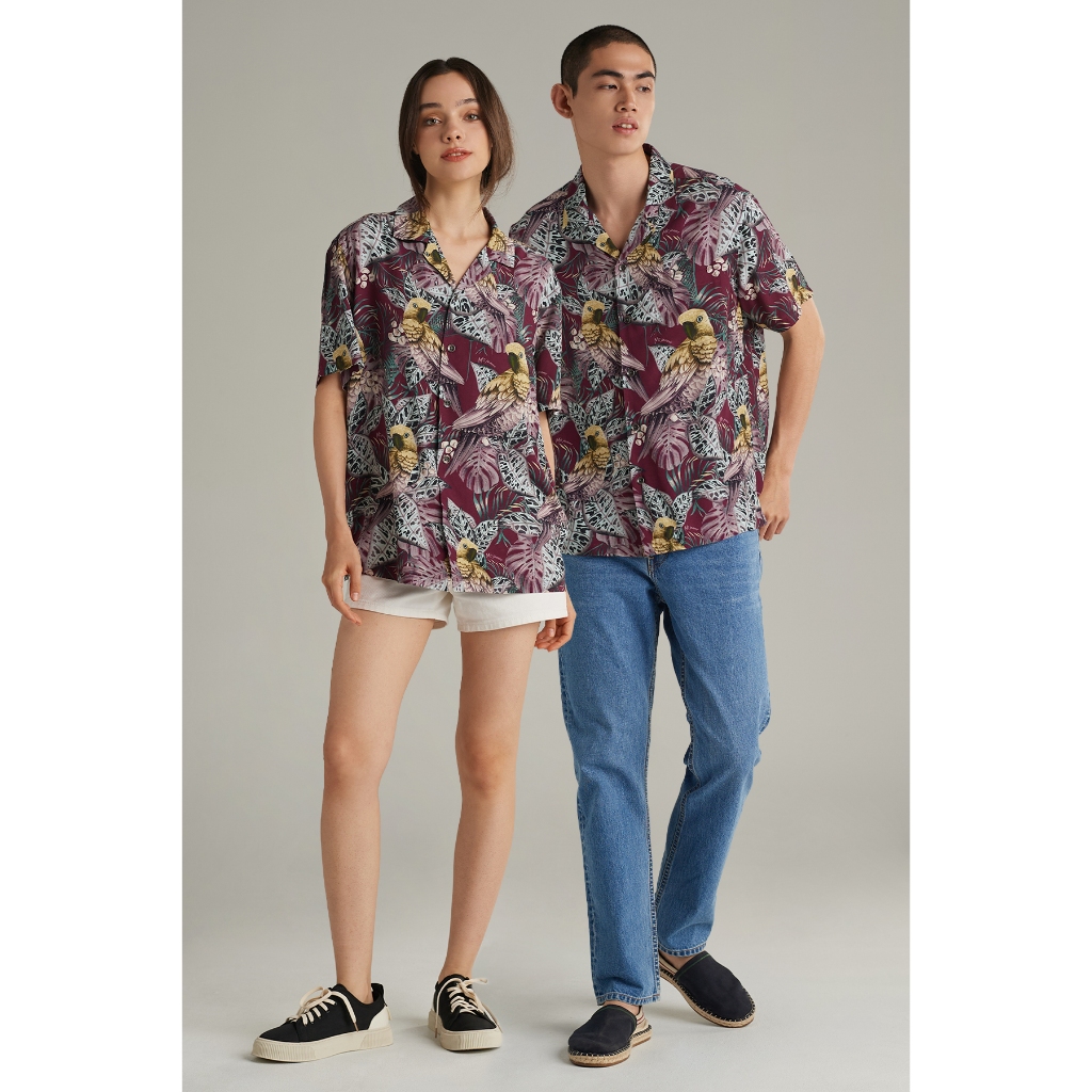 Mc jeans เสื้อเชิ้ต Unisex เสื้อฮาวายแขนสั้น สีม่วง พิมพ์ลาย MSSZ229