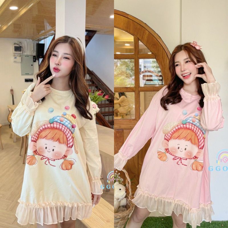 🎀เดรสผ้าcottonเนื้อนิ่ม🎀 สกรีนลาย cartoonเด็กเกาหลี