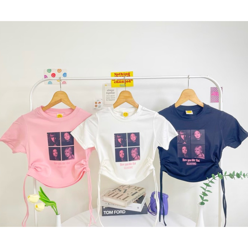 เสื้อครอปเด็กโตสไตล์เกาหลีผูกข้างพิมพ์ลายblacpink