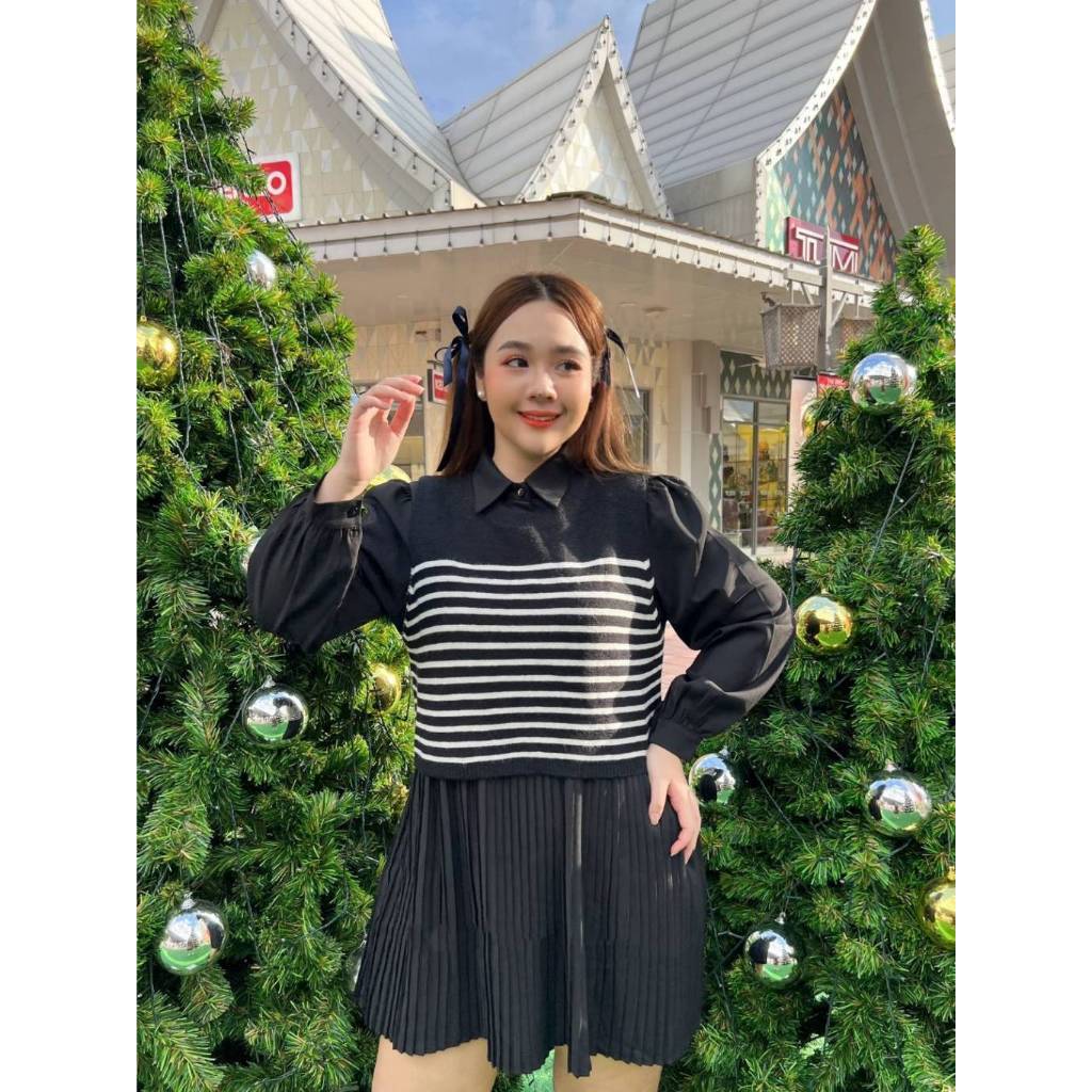 𝗪𝗜𝗡𝗧𝗘𝗥 𝗦𝗘𝗧 เซ็ทน่ารักเกาหลีเกาใจ เดรสเชิ้ตพลีท+เสื้อกั๊กไหมพรม