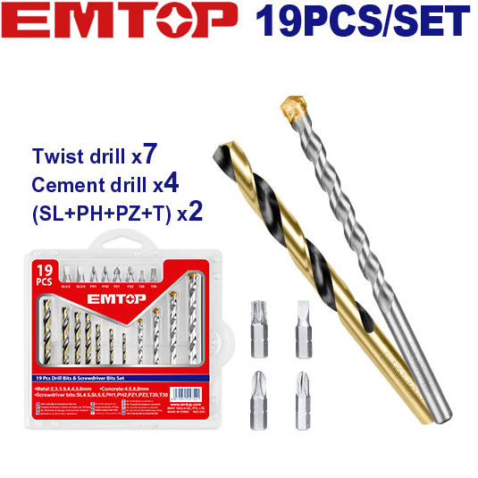 EMTOP ชุดดอกสว่านและดอกไขควง 19 ชิ้น ( 19 Pcs drill bits & screwdriver bits set ) รุ่น ECBDB1901