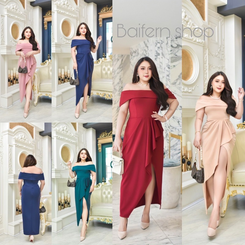 เข้าเพิ่ม พร้อมส่งค่า /BF/ เดรสสาวอวบ ปาดไหล่ ยาวผ่าหน้า แต่งระบายพรางหุ่น #ชุดออกงาน ออกเดท ไปงาน งานแต่ง งานเลี้ยง