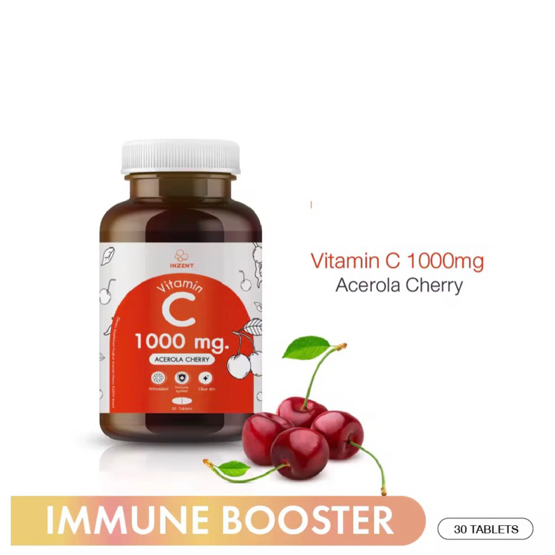 INZENT Vitamin C 1000mg. วิตามินซี 1000มก. (30 เม็ด)  Acerola Cherry สูตรบำรุงผิวพรรณ ผิวแพ้ง่าย ผิวโดนแดดบ่อย