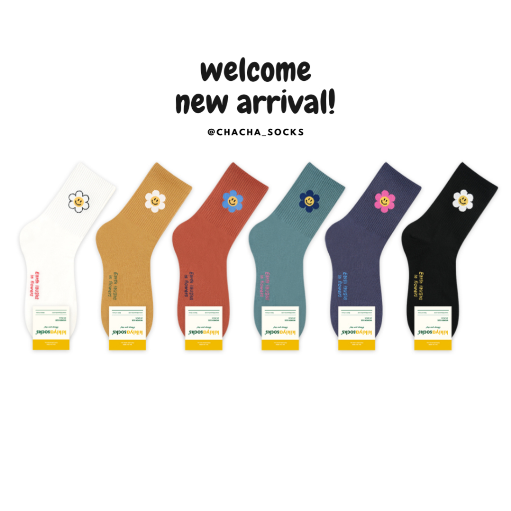 [พิมพ์โค้ด CHAC11 ซื้อ 300.- ลด 60.-] Chacha socks - ถุงเท้าข้อยาว Smile Flower Band แบรนด์ kikiya socks ถุงเท้าเกาหลี