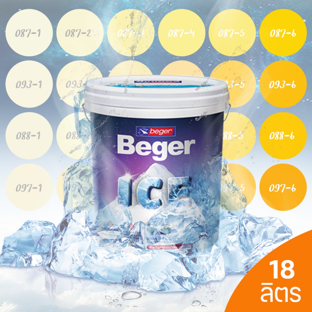 Beger ICE เบเยอร์ ไอซ์ สีเหลือง ฟิล์มกึ่งเงา และ ฟิล์มด้าน 18ลิตร สีทาภายนอกและภายใน สีทาลดอุณหภูมิ เช็ดล้างได้