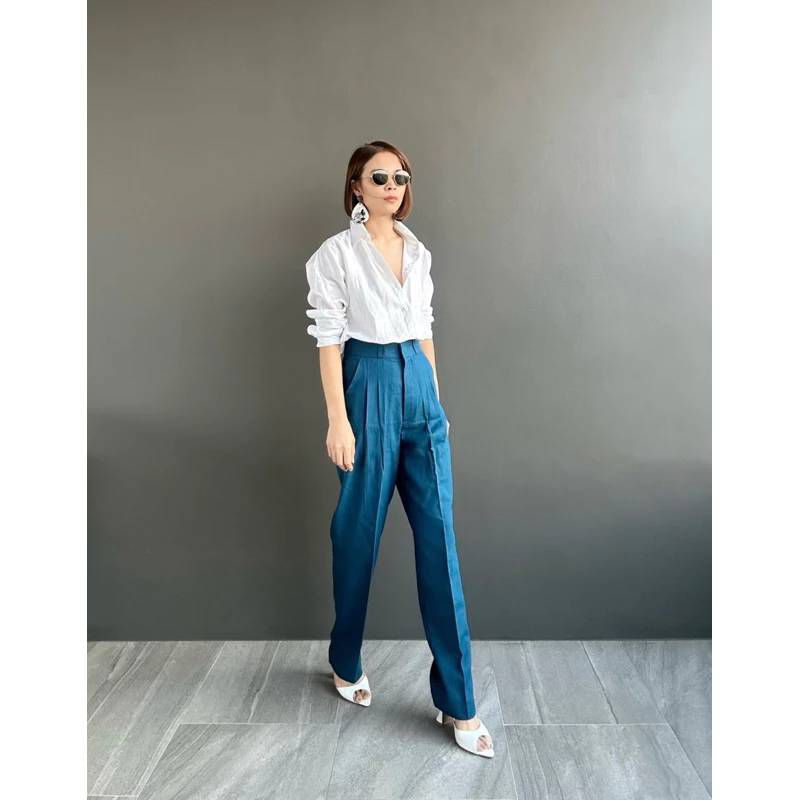 กางเกงลินินเอวสูงขายาวทรงบอยตะขอหน้าทรงสวยเป๊ะอำพรางต้นขาได้ดีมาก - รูปที่ 2