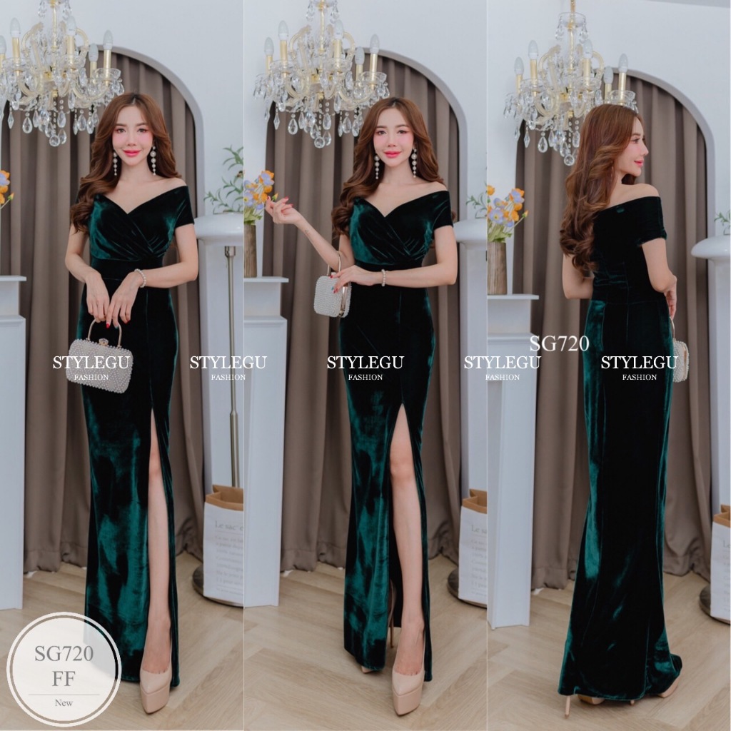 ML720  เดรสยาวออกงาน #ชุดราตรี  #ชุดออกงาน  งานผ้ากำมะหยี่ ยืดอย่างดี แต่งซิปซ่อนด้านหลัง - รูปที่ 5