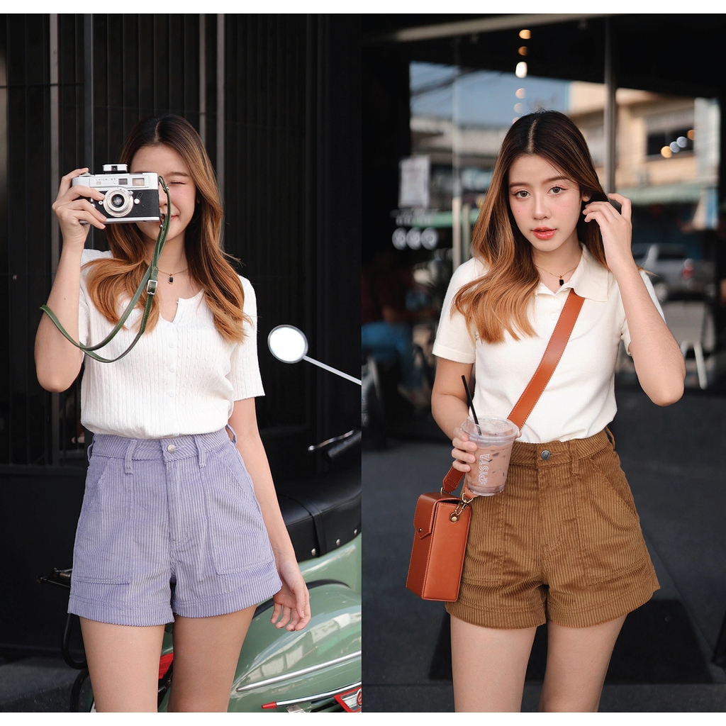 [Sale ปกติ 690 เหลือ 490 บาท] N7703 HIGH RISE CORDUROY SHORTS มี 2 สี : สีม่วงนม , สีน้ำตาล - NUMBERSEVEN
