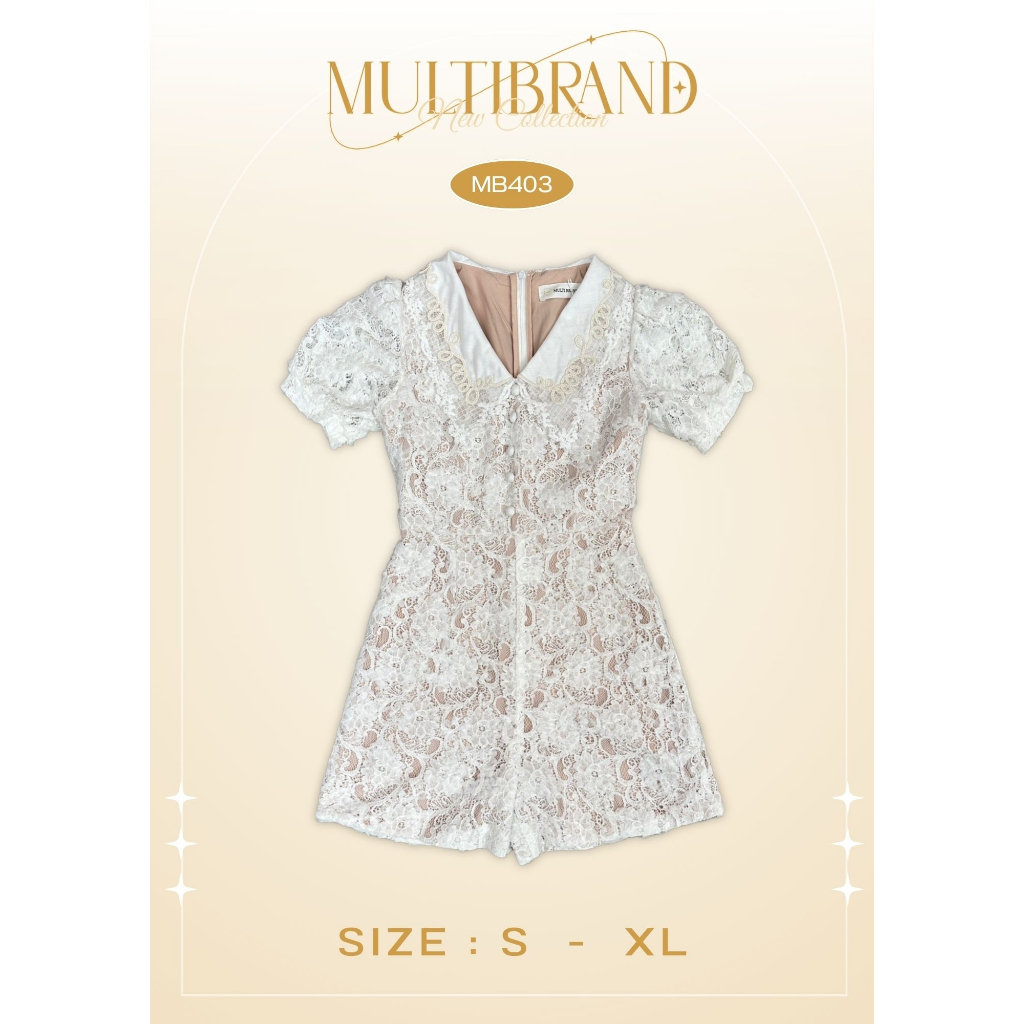 Iงานป้าย Multibrand 403 {S-XL} (ป้ายแท้) มี 4 ไซส์ จั๊มสูทลูกไม้ขาสั้น คอปก สีขาว ซับในน้ำตาล