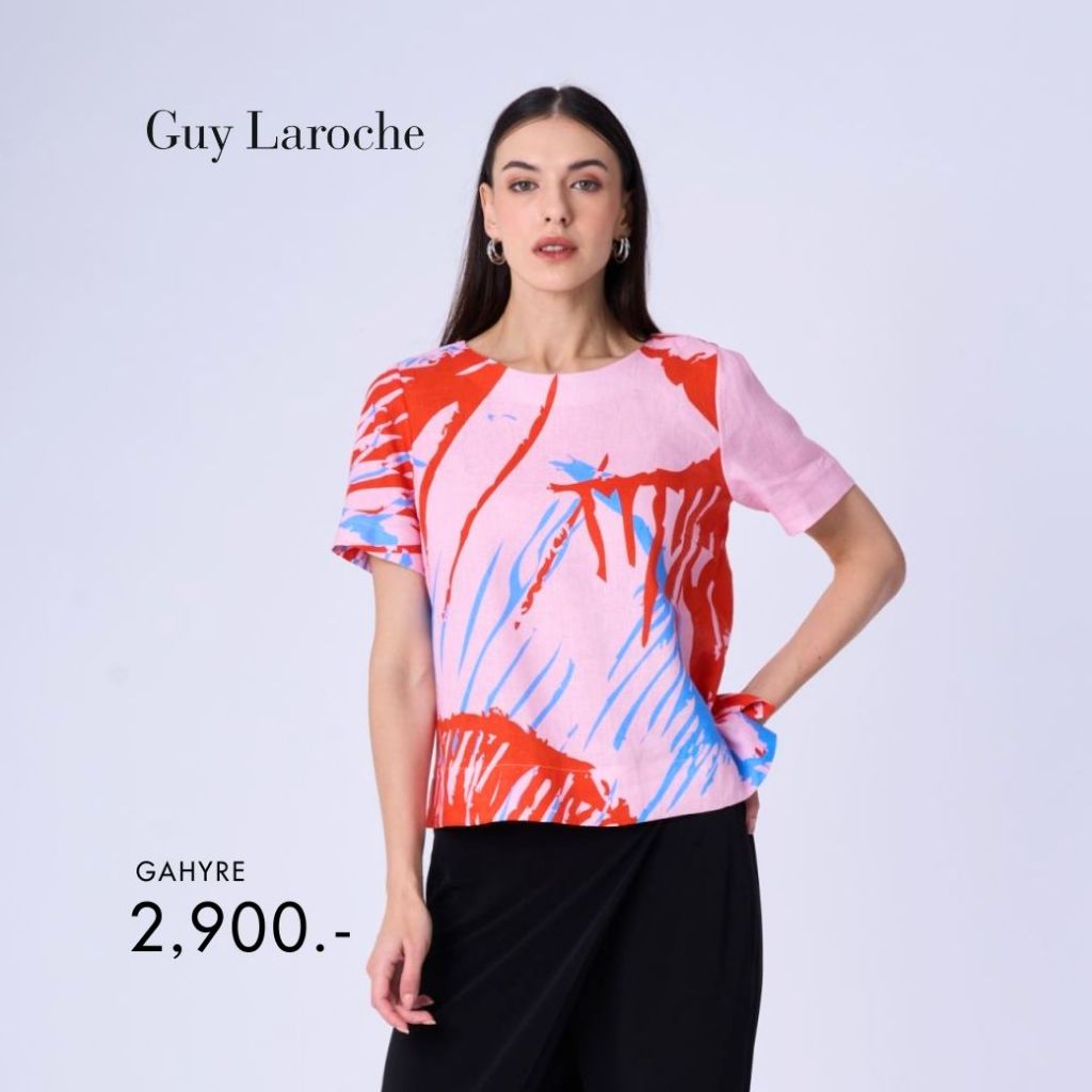 Guy laroche เสื้อผู้หญิง แขนสั้น ลินิน ลายพิมพ์ สีแดง (GAHYRE)