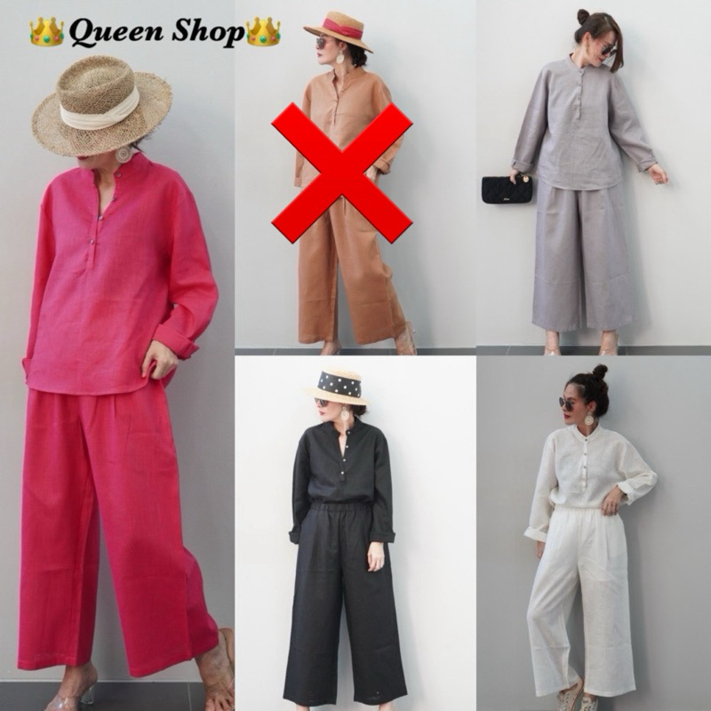 📌ทักก่อนสั่ง📌 ชุดเซท2ชิ้น ผ้าลินินแท้ เสื้อคอจีนแขนยาว อก44“ + กางเกงเอวสม็อค ขายาว Queen 👑