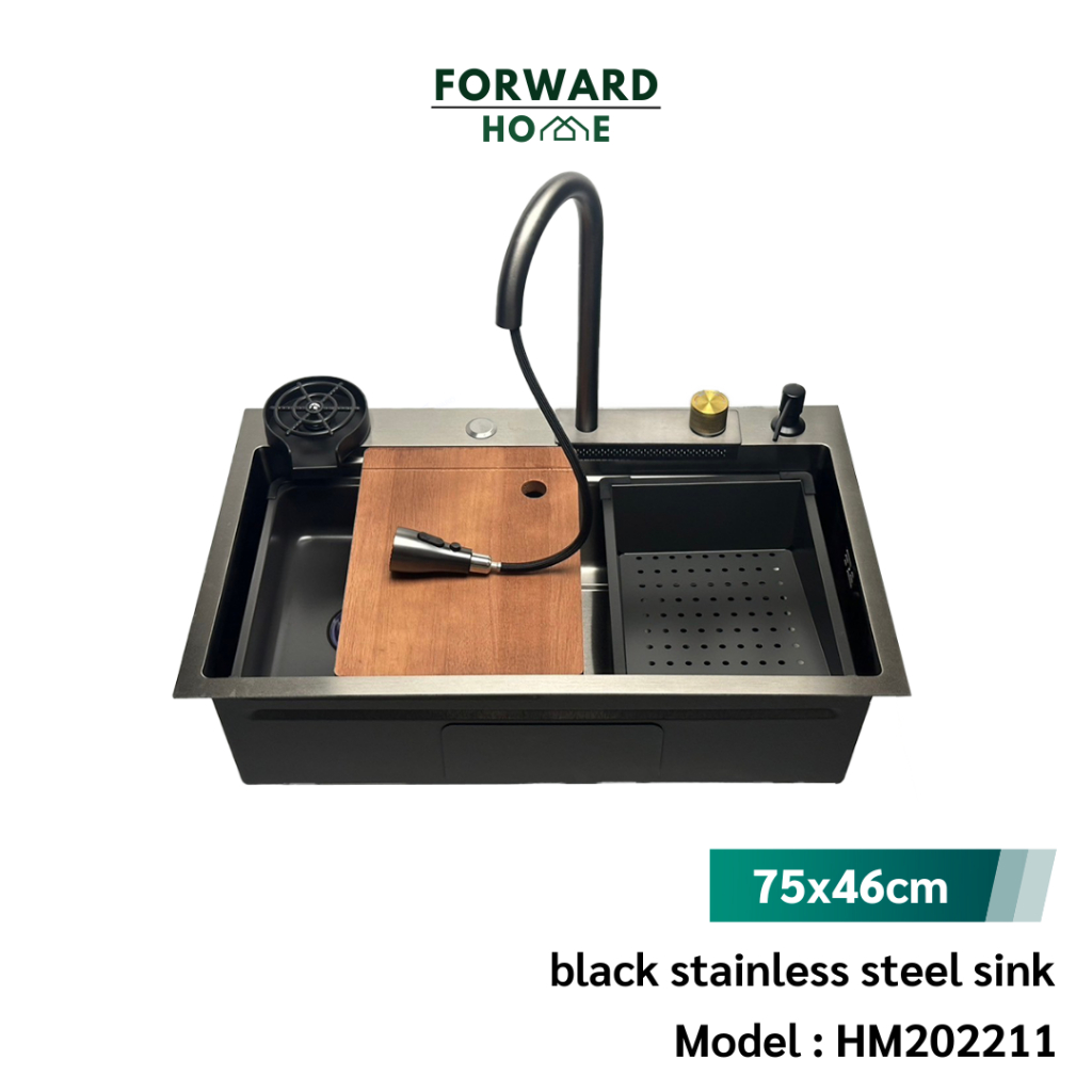 Forward ซิงค์ล้างจาน อ่างล้างจาน สแตนเลสเคลือบนาโนสีดำ ขนาด75x46ซม. อุปกรณ์ครบ black stainless steel sink รุ่น HM202211