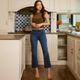 T3118 กางเกงยีนส์ผ้ายืด ขาม้า 5 ส่วน เอวสูง ปลายขาไม่ม้วน