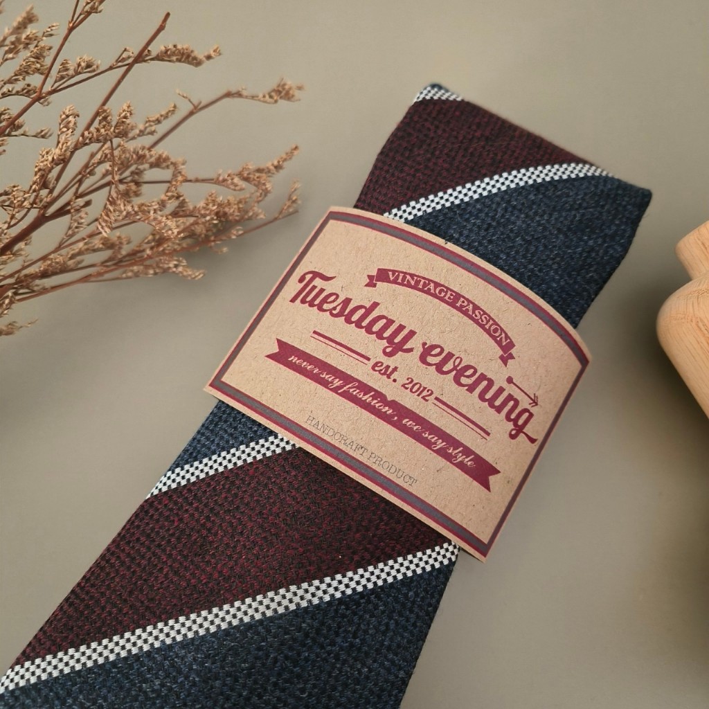 Necktie Navy Jean and Maroon Red with White Stripe เนคไทสีน้ำเงิน แดงเข้ม ลายทางสีขาว