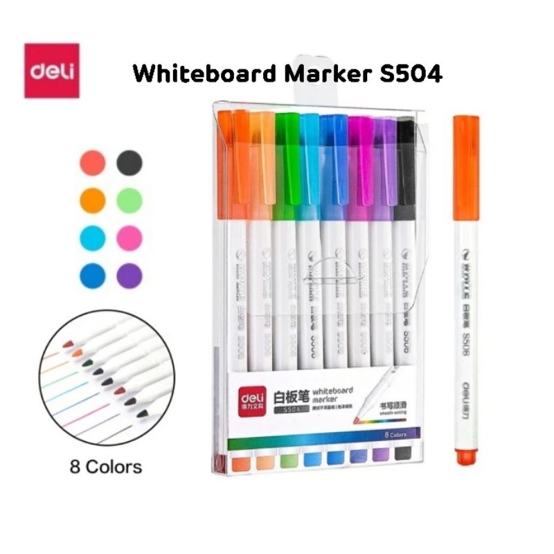 Deli ชุดปากกาไวท์บอร์ด 8 สี Whiteboard Marker S504 ปากกามาร์คเกอร์ ปากกาเคมี
