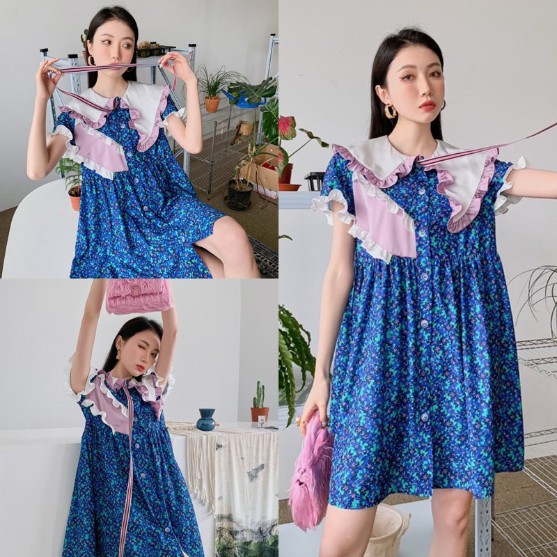 Blue Flower Dress เดรสคอบัวลายดอกไม้ โทนสีน้ำเงิน แต่งกุ๊นระบายชมพู งานน่ารักมาก แขนตุ๊กตา เดรสลายดอ