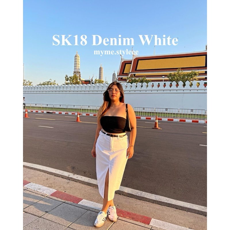 SK18 Denim White กระโปรงยีนส์ผ่าหน้าสาวอวบสีขาว - myme.styleee