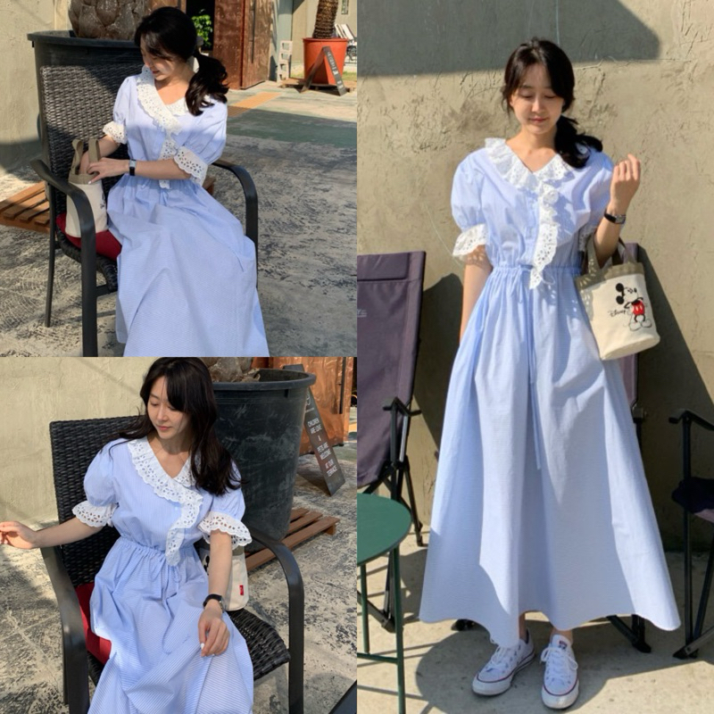 พร้อมส่ง Classy Dress เดรสคอบัวลูกไม้ ลายริ้ว แขนพองแต่งระบาย โทนสีฟ้าอ่อน เดรสกระโปรง งานป้าย