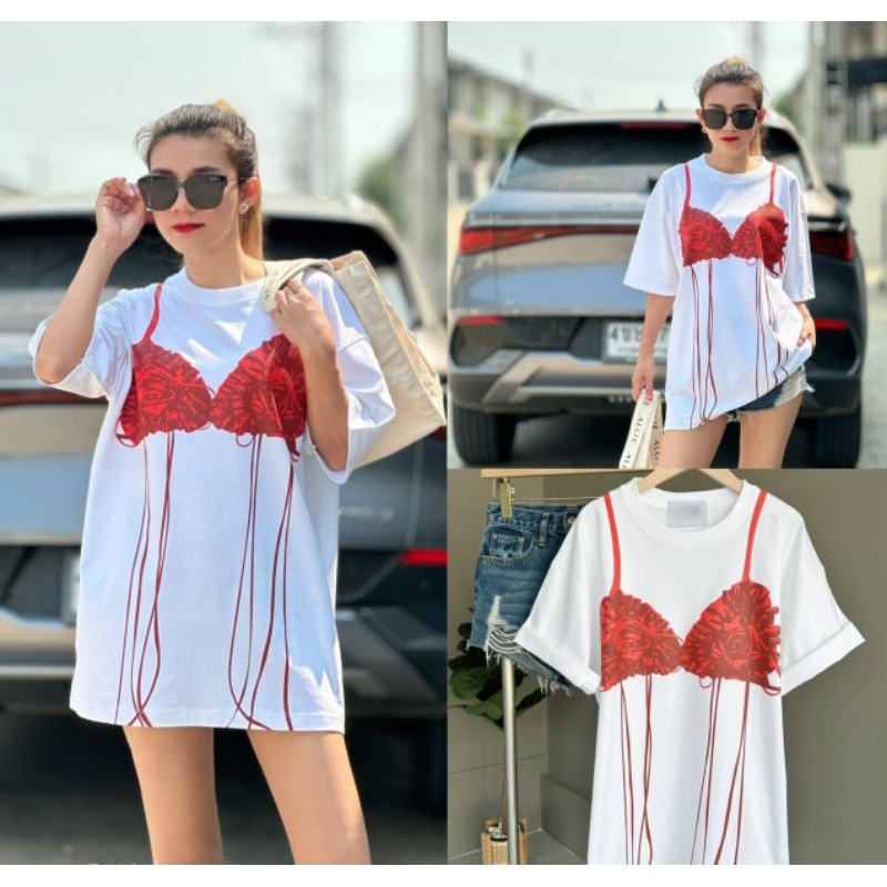 พร้อมส่ง เสื้อยืดบราโรสซี่สายแฟ ทรงโอเวอร์ไซส์ผ้ายืดคอตตอน 100% แฟชั่นสุดๆงานป้าย