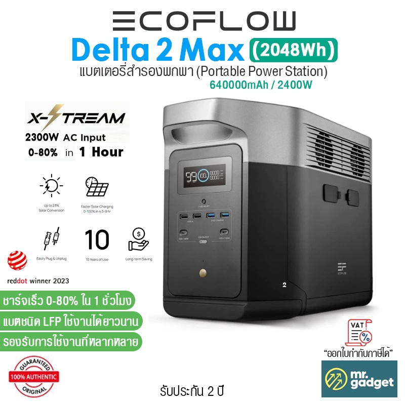 EcoFlow DELTA 2 Max แบตเตอรี่สำรองพกพา 2048Wh Portable Power Station 2400W รองรับการชาร์จเร็ว 0-80% ใน 1 ชั่วโมง
