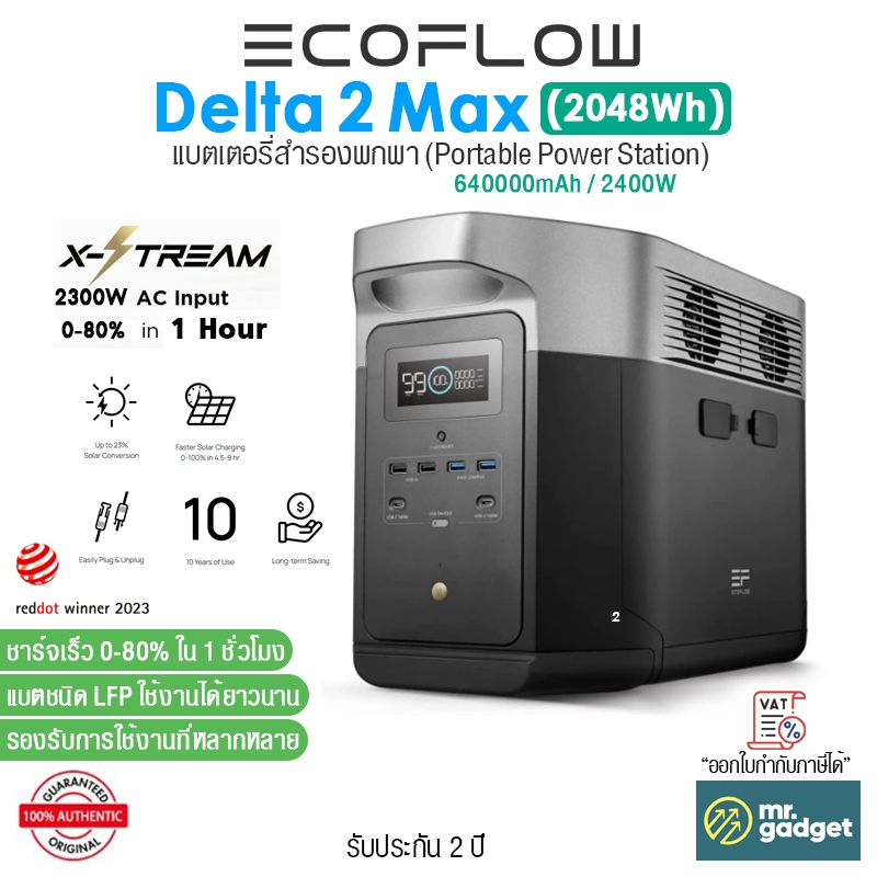 EcoFlow Delta 2 Max แบตเตอรี่สำรองพกพา 2048Wh Portable Power Station 2400W ชาร์จเร็ว 0-80% ใน 1 ชม.