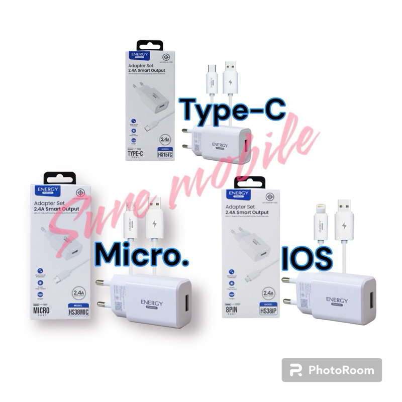 ที่ชาร์จแบตมือถือ Energy Premium ชาร์จเร็ว 2.4A หัวชาร์จ + สายชาร์จ TC ยาว 2 m (MIC) Type C / ip7 8
