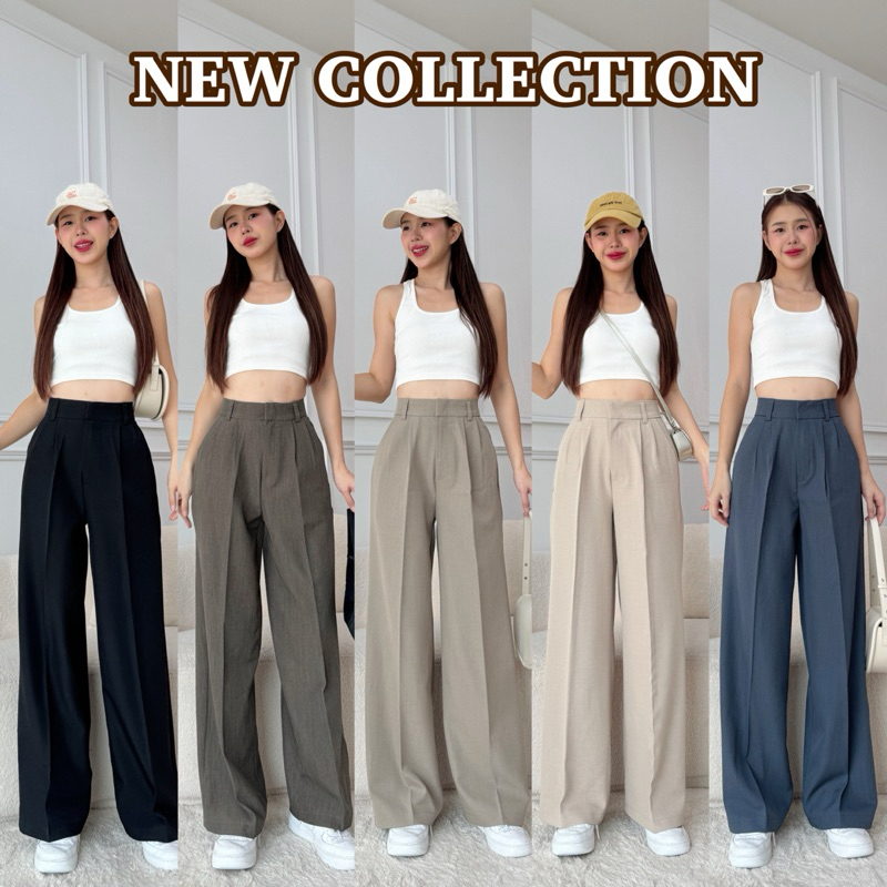 กางเกงขากระบอกผ้าป๊อกกี้ ดีเทลจีบหน้า งานซิปหน้าตะขอหน้า👩🏻‍💻☁️📔🧸