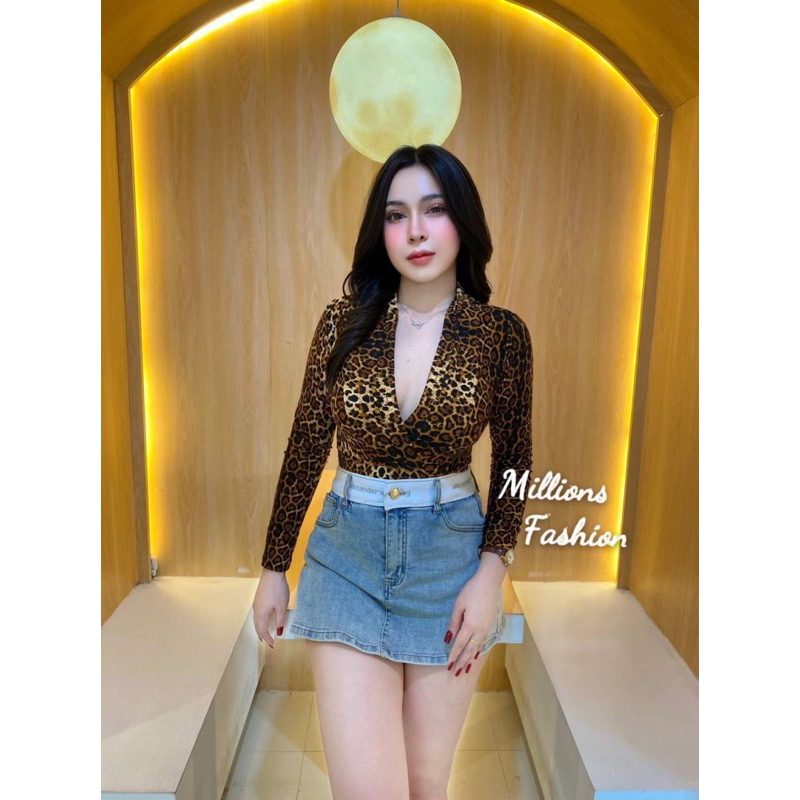 💕ShopBypuy💕บอดี้สูทป้ายหน้าแขนยาวลายเสือ🐆