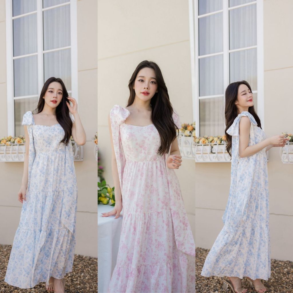 Pirunya - Long Dress 16 เดรสยาว พิมพ์ลายดอกไม้ ผูกโบว์ไหล่ กระโปรงต่อระบาย