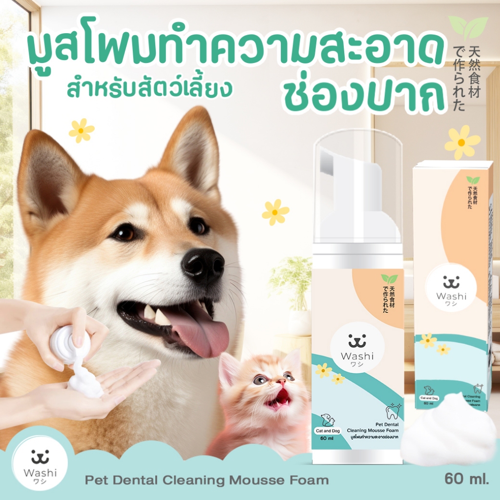 Washiワシ มูสโฟมทำความสะอาดช่องปากและฟัน สัตว์เลี้ยง ช่วยให้เหงือกและฟันสะอาด ลดกลิ่นปาก คราบหินปูน โฟมแปรงฟัน แมว สุนัข
