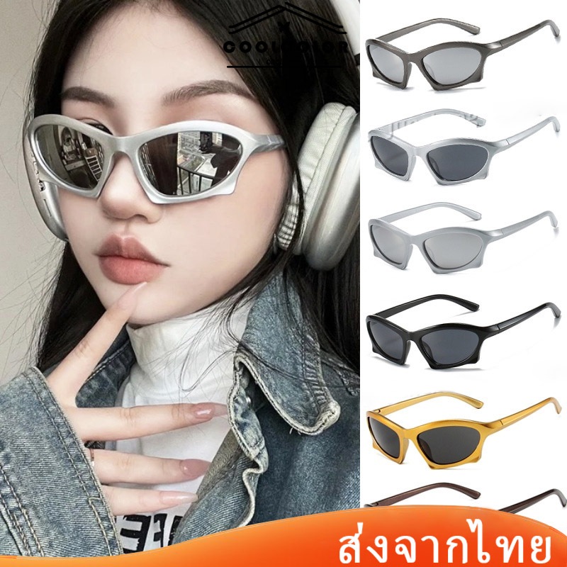 ในไทย แว่นตากันแดดทรงตาแมวทรงสี่เหลี่ยมผืนผ้าสไตล์พังก์ป้องกันรังสียูวีเหมาะกับใส่ขี่จักรยานกลางแจ้งและผู้หญิง.COD