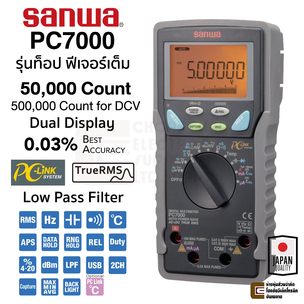 Sanwa PC7000 ดิจิตอล มัลติมิเตอร์ True RMS 0.03% 500,000 Count PC-Link Low Pass Filter รุ่นท็อป Digital Multimeter