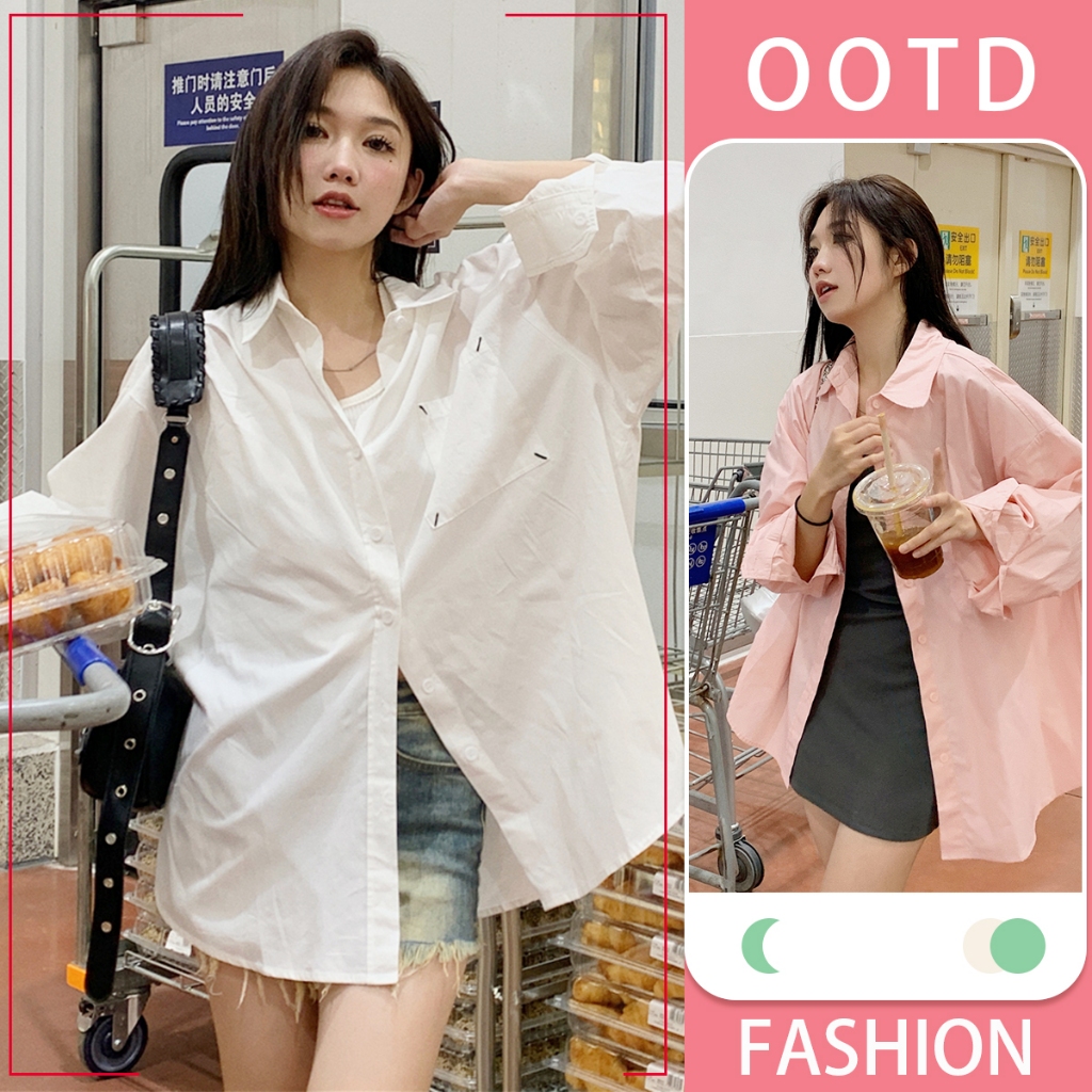 mimi&didi พร้อมส่ง เสื้อเชิ้ตแขนยาวคอปกผู้หญิง เสื้อโอเวอร์ไซส์ เก๋ไก๋ สไตล์เกาหลี หลวม สีฟ้า/สีขาว#637