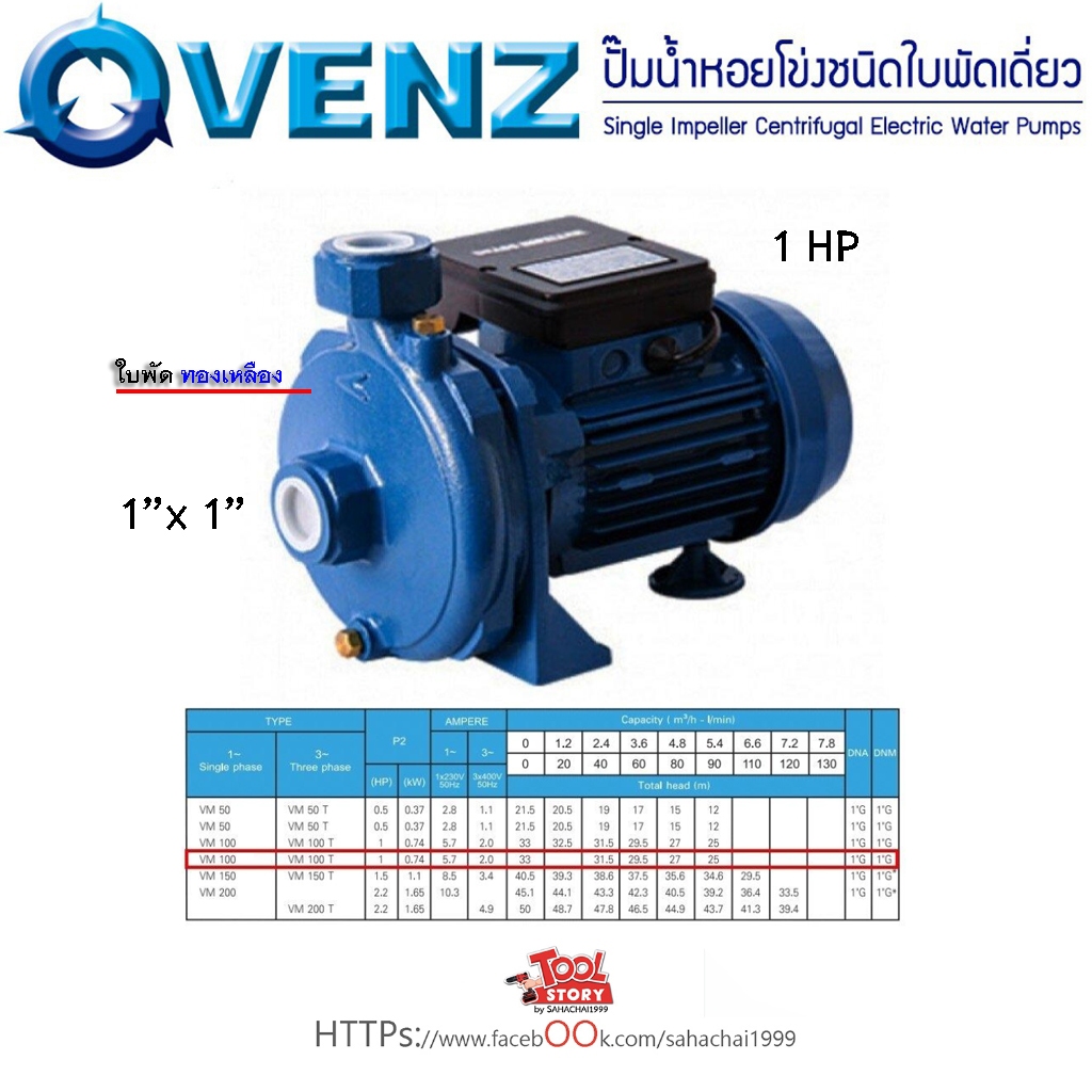 Venz VM100  ปั้มน้ำ ขนาด 1นิ้ว 1แรงม้า 220 โวลต์ รุ่นส่งน้ำไกล น้ำเยอะ (ทางเข้า-ทางออก 1"x 1")