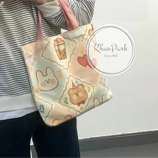 กระเป๋าสำหรับผู้หญิง 🎁 ผ้าแคนวาส กระเป๋าสะพายข้างคล้องแขน สไตล์เกาหลี 🛍 มีลายน่ารักๆ 6สีให้เลือก