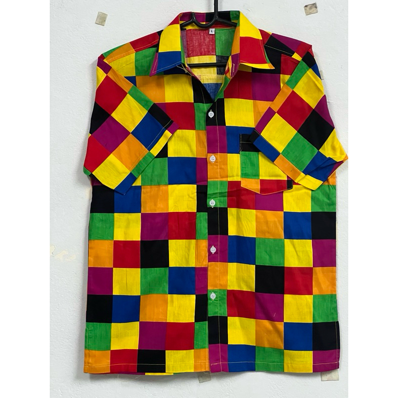 เสื้อเชิ้ตแขนสั้นเนื้อผ้าคอตตอนลายสก็อตใส่เที่ยวสงกรานต์