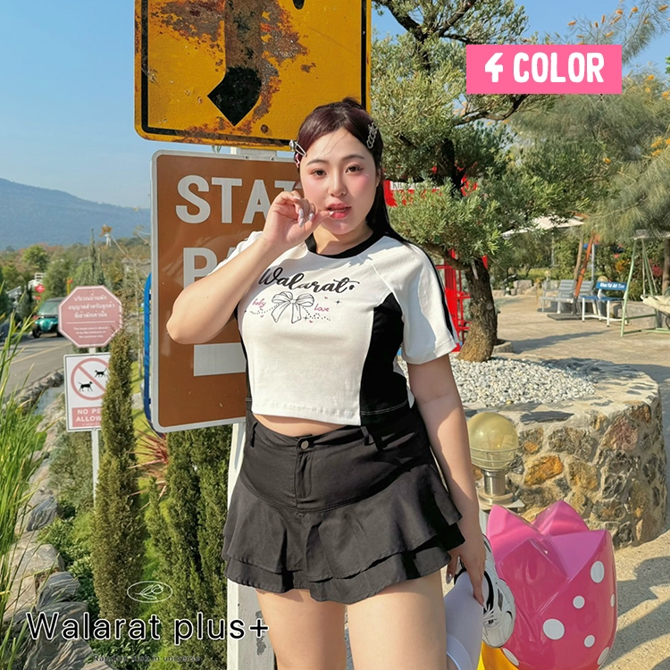 เสื้อครอปสาอวบ ลายน้องโบว์จุด จุด จุด คอกลม มีแต่งแถบข้าง