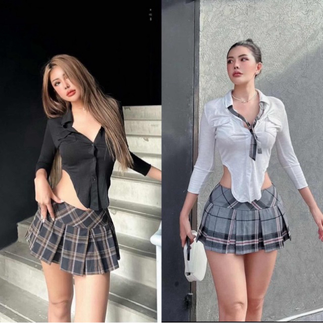 HH421🤍WHITE CROP BUTTON SHIRT
