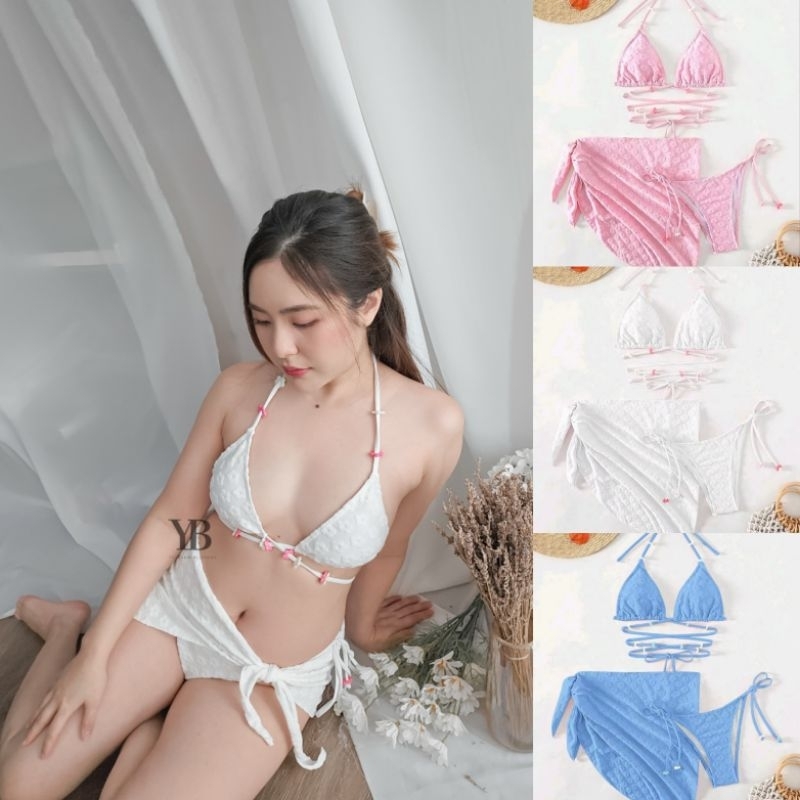 YOURS​ BIKINI​ #BK1601 เซตชุดว่ายน้ำ​ ชุดว่ายน้ำ3ชิ้นพร้อมผ้าผูก​ ชุดว่ายน้ำเซ็กซี่​ ผ้าลายดอกไม้