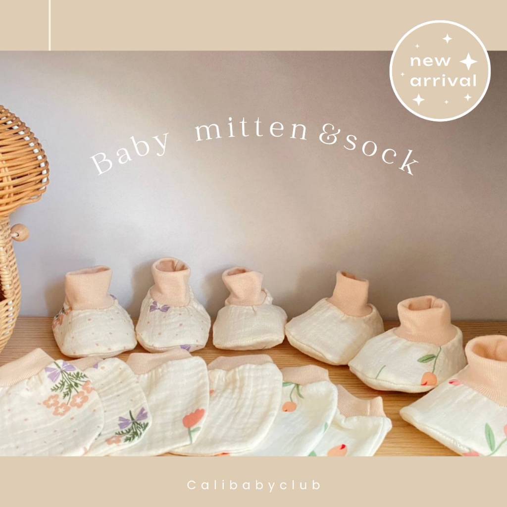 Cali ถุงมือถุงเท้า เด็กอ่อน 0-3 เดือน ผ้ามัสลินเกาหลี🌷🤎 *ป้าย Cali baby