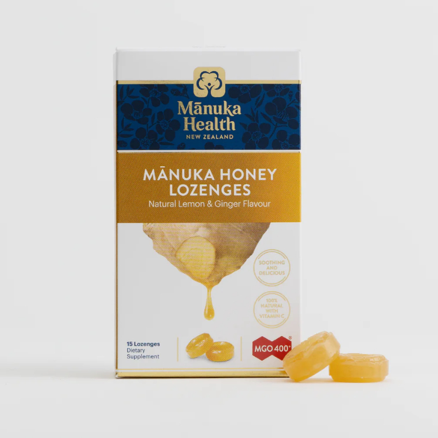 Manuka Health มานูก้า เฮลท์ ยาอม น้ำผึ้งมานูก้า รสขิงและเลม่อน Mānuka Honey Ginger &amp; Lemon Lozenges (15 Tablets)