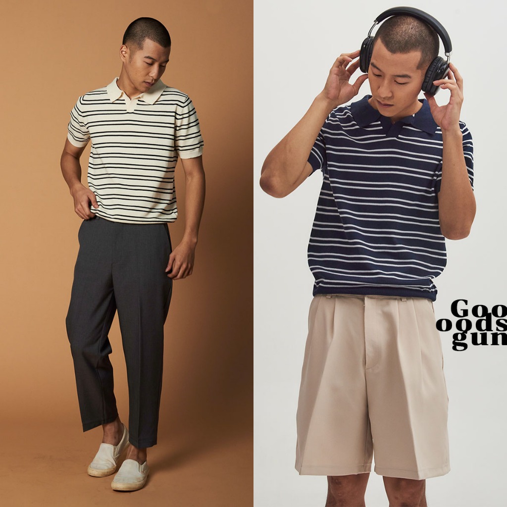 STRIPED POLO I เสื้อโปโลลายทางผ้าไหมพรมผู้ชาย เสื้อโปโลคอวีเนื้อผ้าไหมพรมใส่สบาย