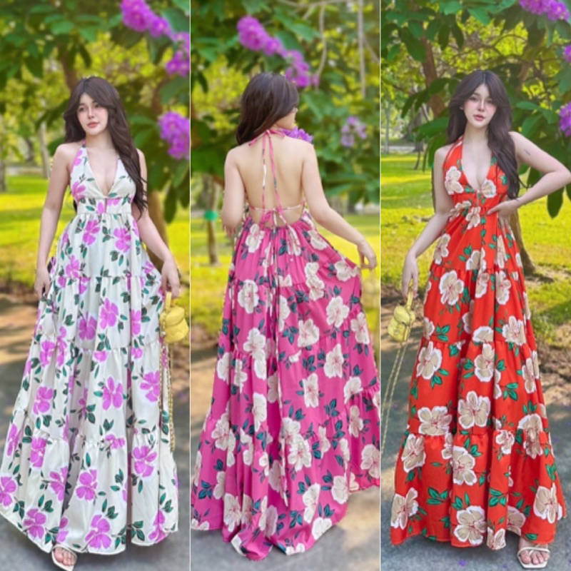 Mookrinstyle•Parisdress | พร้อมส่งเดรสลายดอกไม้ ดีเทลผูกคอผูกหลัง งานสวยมาก ด้านหลังยางสม้อค frower dress
