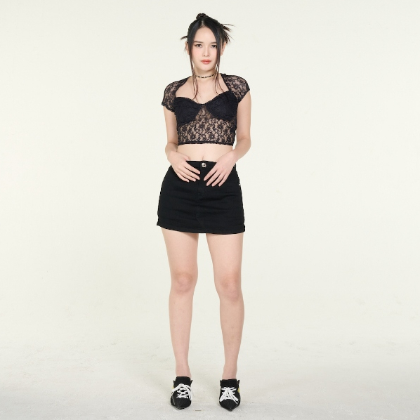 MOTTOM - BLACK SKORT SHORT SKIRT สก๊อต กระโปรงยีนส์ขาสั้นผู้หญิง สีดำ