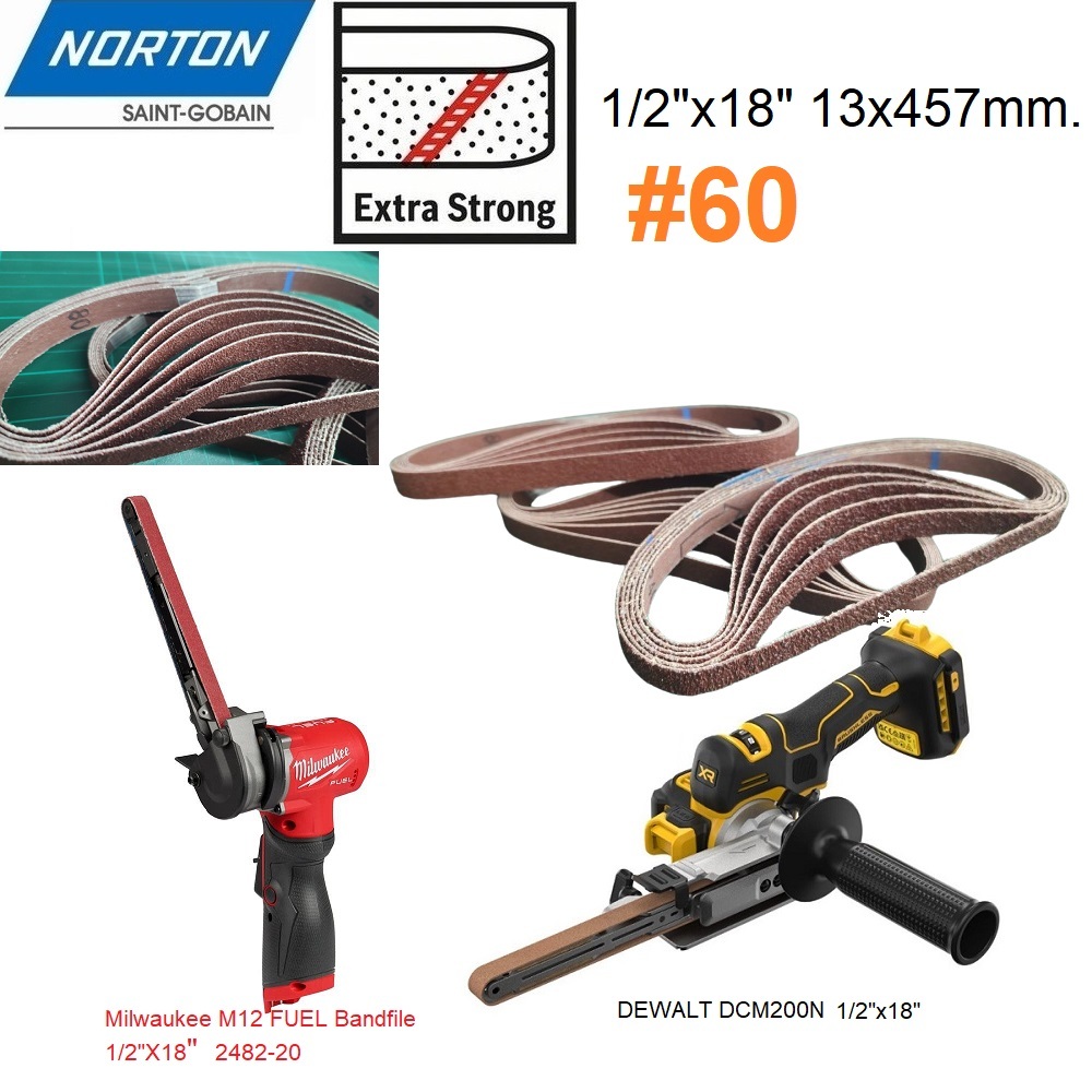 NORTON ผ้าทรายสายพาน1/2"x18" เบอร์ 60 กระดาษทรายสายพาน ใช่กับ รุ่น DCM200N / M12 2482-20 ( ราคาขายต่